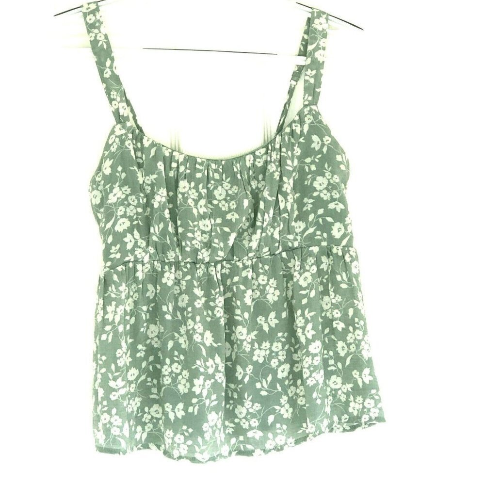 E & M Babydoll Top sz M Green Gray Floral Y2K Fairy Smocked Adjustable Straps